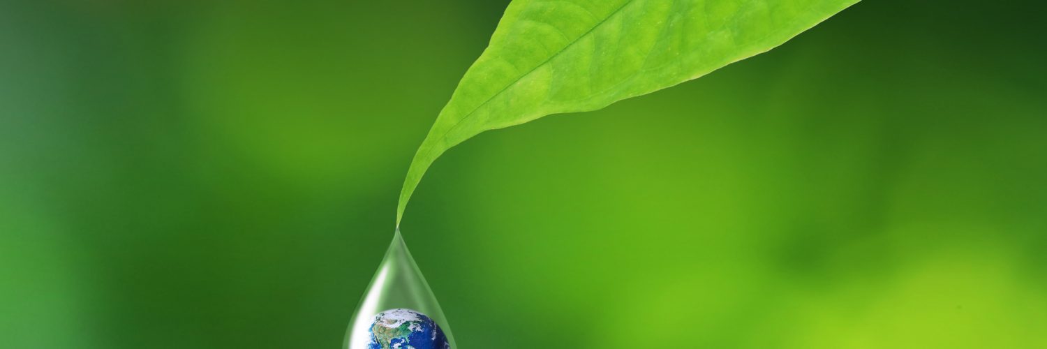 Earth in water drop reflection under green leaf, Elements of this image furnished by NASA