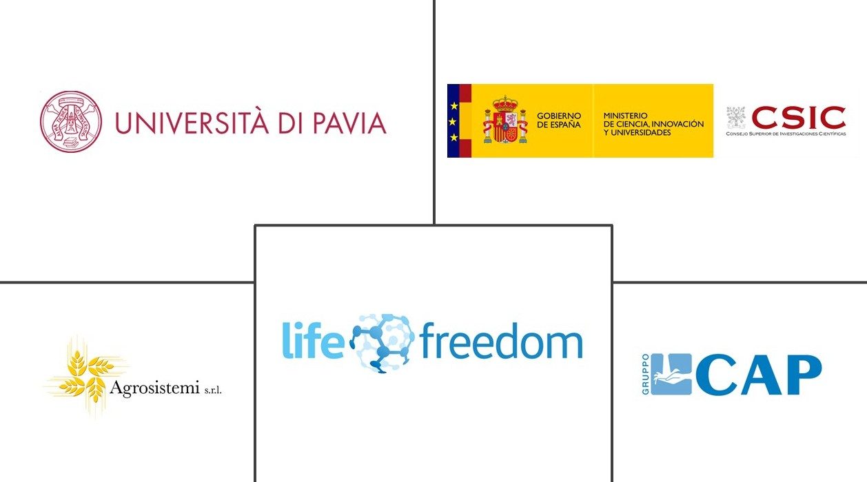 Partner logos : Pavia university, Agrosistemi, Gruppo CAP, CSIC, LIFE FREEDOM