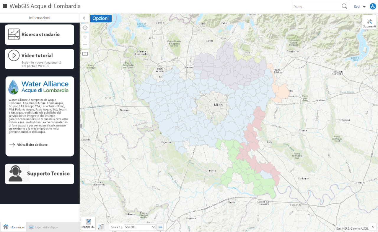 mappa che rappresenta il webgis di Gruppo CAP a copertura di tutto il territorio lombardo