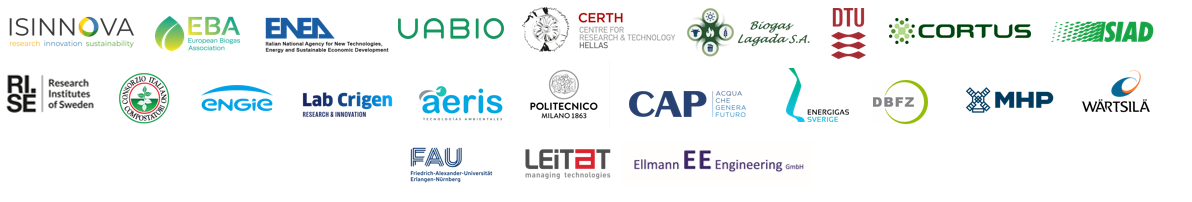  22 partners in 9 countries: ISINNOVA, ENEA, CAP, POLIMI, SIAD, CIC (IT), EBA (BE), FAU, DBFZ, EE (DE), UABIO, MHP (UA), BLAG, CERTH (EL), RISE, CORTUS, WARTSILA, SGA (SE), ENGIE (FR), AERIS, LEITAT (ES), DTU (DK);​